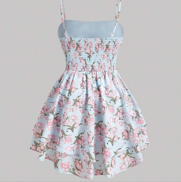 Shein MOD light blue pink ditsy floral lace up strapless mini dress - Picture 2 of 12